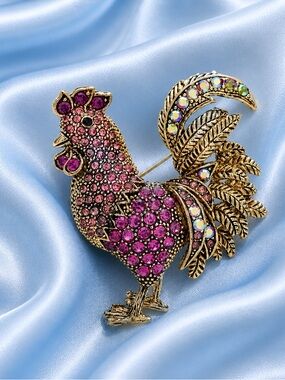 Vintage Glam Rooster Crystal Brooch